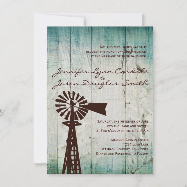 Rustic Country Windmill Wood Wedding Invitations (Front)