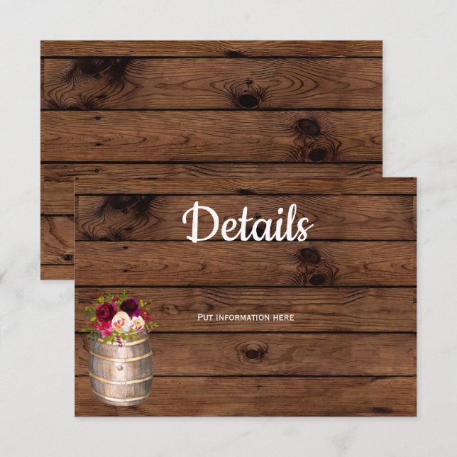 Rustic Country Wine Barrel Burgundy Details Insert Invitation (Front/Back)