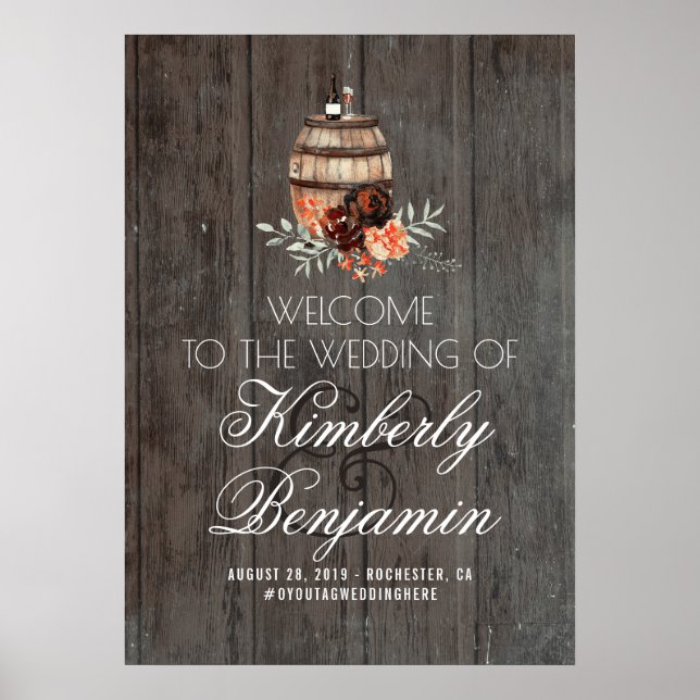 Rustic Country Wine Barrel Wedding Welcome Sign (Front)