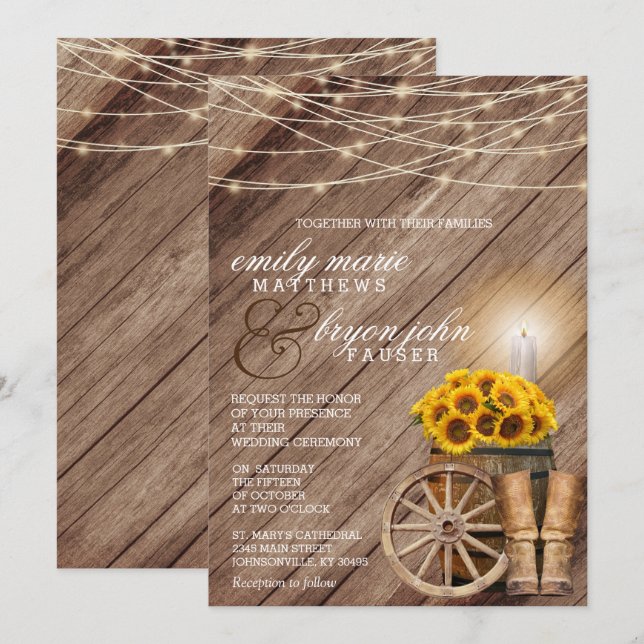 Rustic Country with Wood Barrel and Sunflowers Invitation (Front/Back)