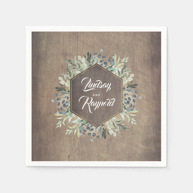 Rustic Country Wood and Greenery Wedding Napkin (Front)