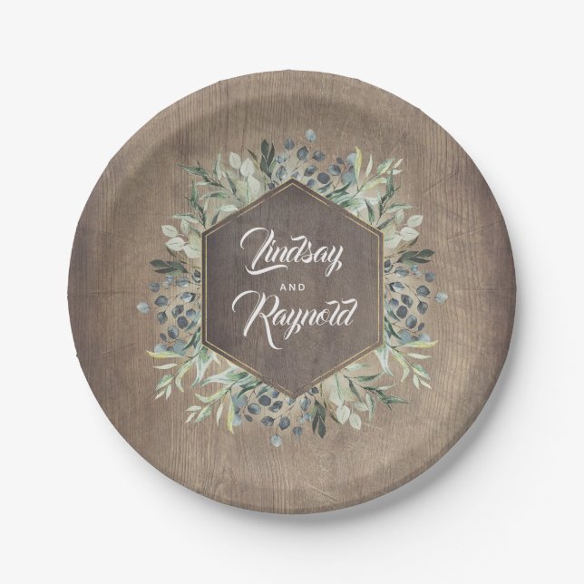 Rustic Country | Wood and Greenery Wedding Paper Plate (Front)