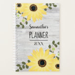 Rustic Country Wood and Sunflowers Name Planner<br><div class="desc">Fun and bright sunflowers and daisy design on a faux wood textured background. Customisable text on front of the planner for your name and year date. Rustic and girly design.</div>