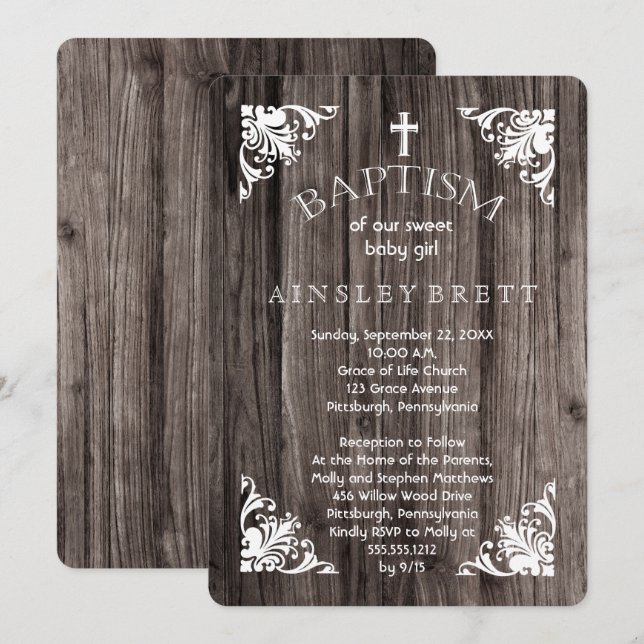 Rustic Country Wood Baby Girl Baptism Invitation (Front/Back)