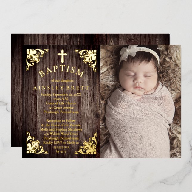 Rustic Country Wood Baby Girl Photo Baptism - Gold (Front/Back)