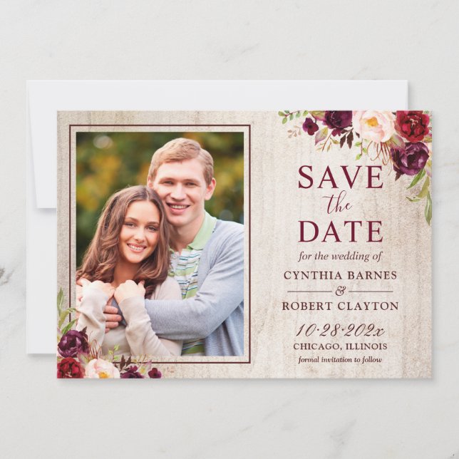 Rustic Country Wood Burgundy Red Floral Photo Save The Date (Front)