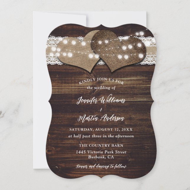 Rustic Country Wood Burlap and Lace Wedding Invitation (Front)