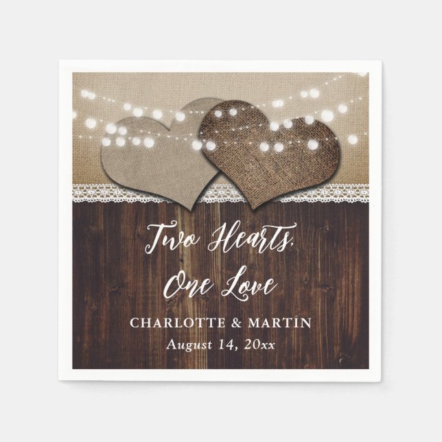 Rustic Country Wood Burlap and Lace Wedding Napkin (Front)