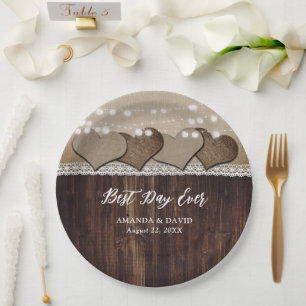 Rustic Country Wood Burlap and Lace Wedding Paper Plate