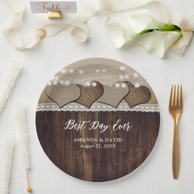 Rustic Country Wood Burlap and Lace Wedding Paper Plate (Wedding)