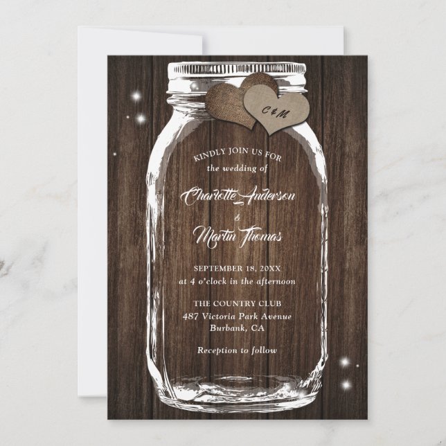 Rustic Country Wood Burlap Heart Mason Jar Wedding Invitation (Front)