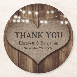 Rustic Country Wood Burlap Heart Wedding Thank You Round Paper Coaster