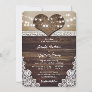 Rustic Country Wood Burlap Lace Lights Wedding Invitation