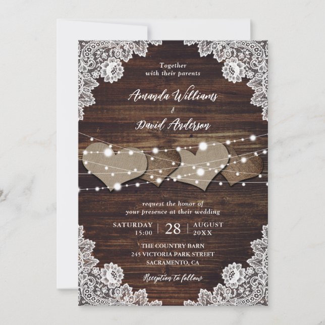 Rustic Country Wood Burlap Lace Wedding Invitation (Front)