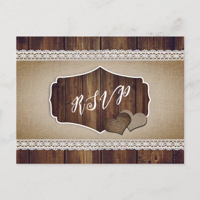 Rustic Country Wood Burlap Lace Wedding RSVP Postcard (Front)