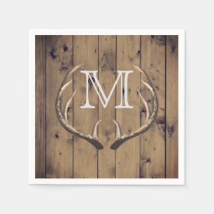 Rustic Country Wood Deer Antlers Monogram Napkin