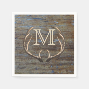 Rustic Country Wood Deer Antlers Monogram Napkin