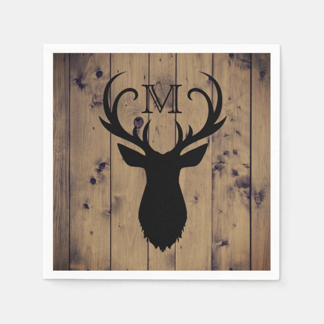 Rustic Country Wood Deer Head Antlers Monogram Napkin (Front)