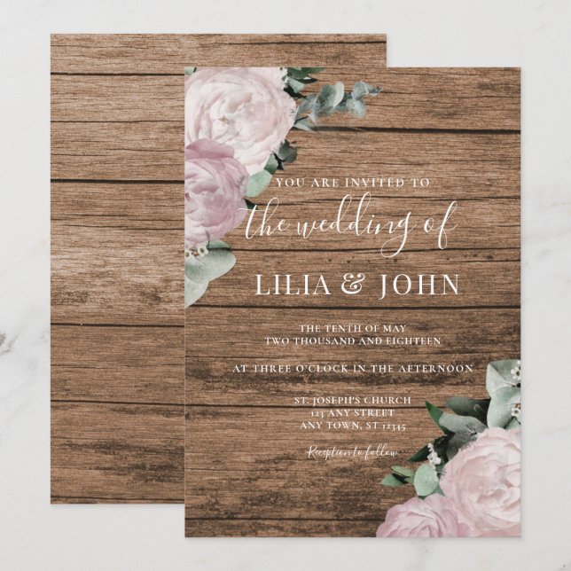 Rustic Country Wood Floral Blush Rose Wedding Invitation (Front/Back)
