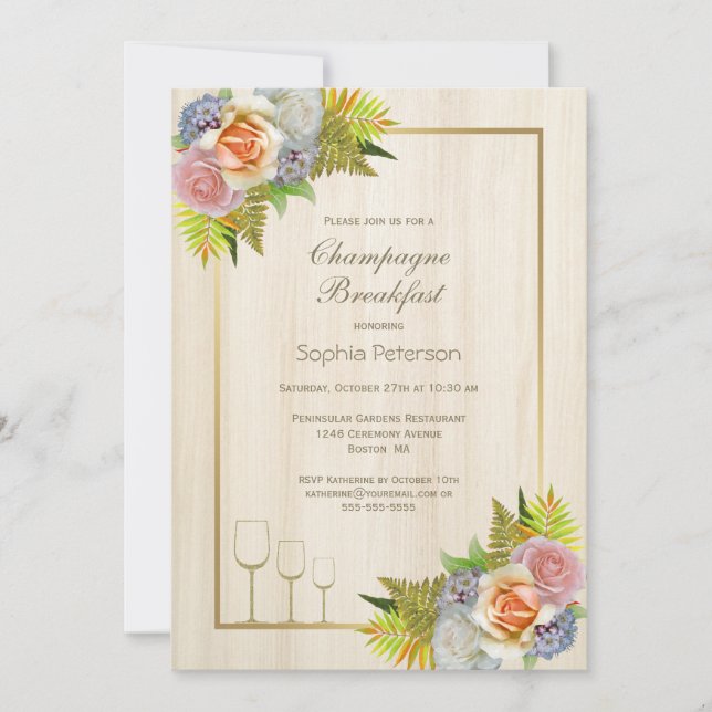 Rustic Country Wood Floral Champagne Breakfast Invitation (Front)