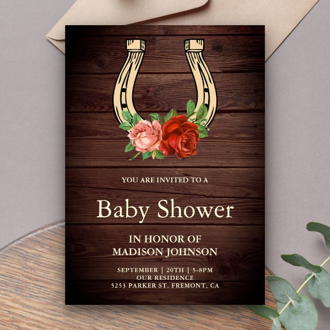 Rustic Country Wood Floral Horseshoe Baby Shower Invitation (Creator Uploaded)