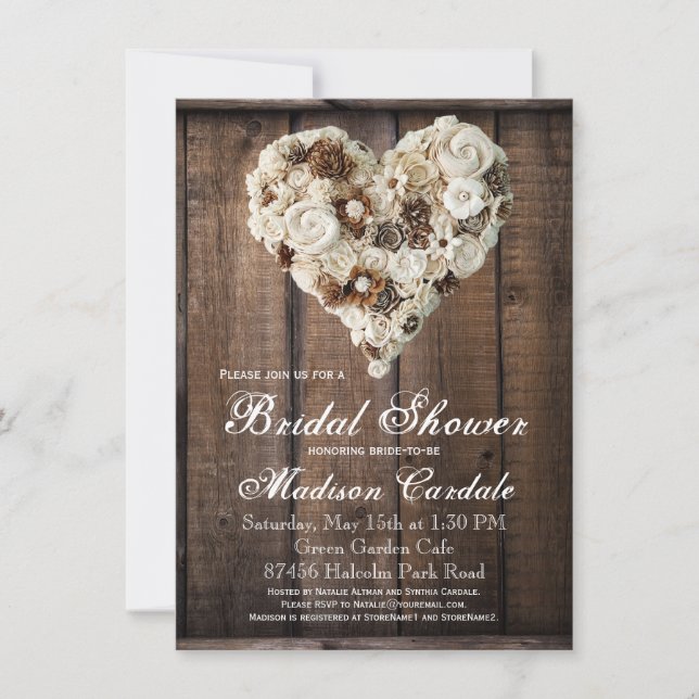 Rustic Country Wood Flower Heart Bridal Shower Invitation (Front)