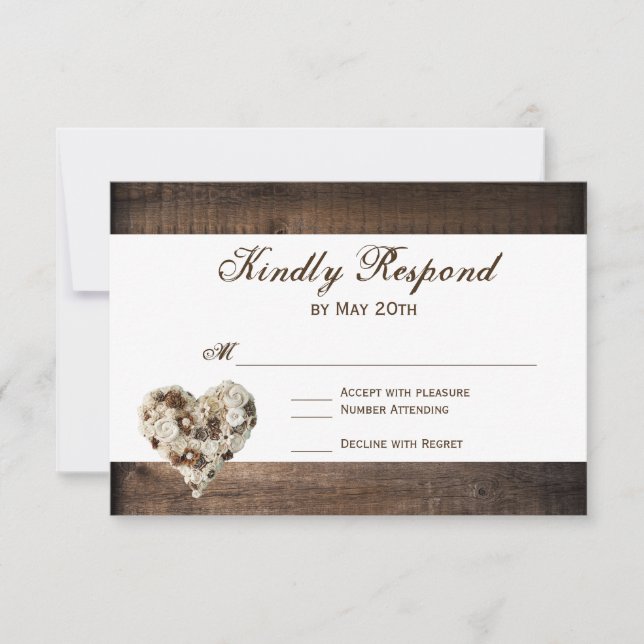 Rustic Country Wood Flower Heart Wedding RSVP (Front)