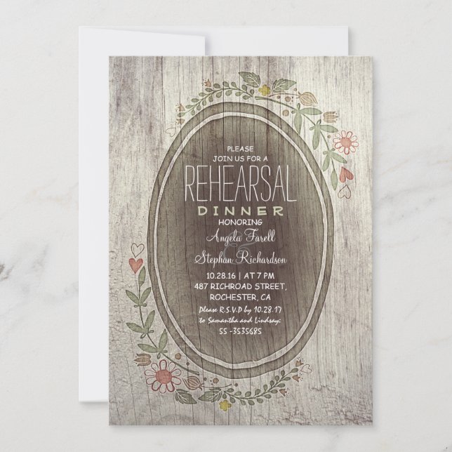 rustic country wood flowers rehearsal dinner invitation (Front)