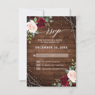 Rustic Country Wood Geometric Burgundy Floral RSVP Card