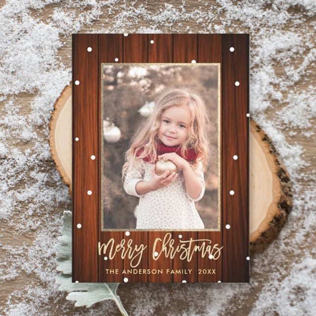 Rustic Country Wood Gold Merry Christmas Photo Holiday Card (Creator Uploaded)