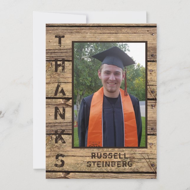 Rustic Country Wood Graduation Photo THANKS Thank You Card (Front)
