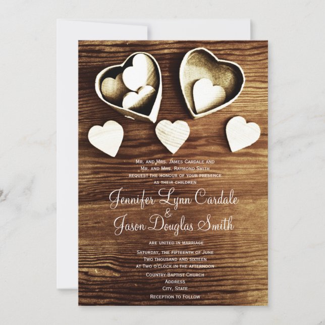 Rustic Country Wood Grain Hearts Wedding Invites (Front)