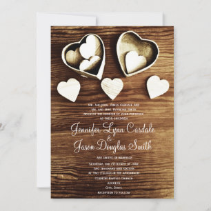 Rustic Country Wood Grain Hearts Wedding Invites