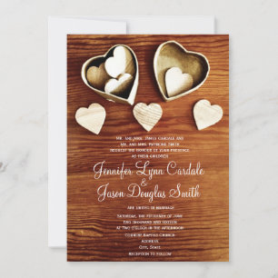 Rustic Country Wood Grain Hearts Wedding Invites