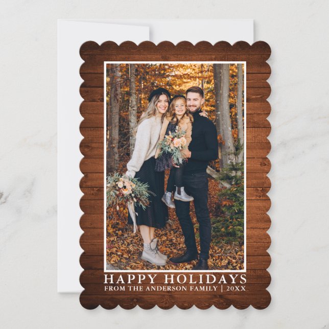 Rustic Country Wood Happy Holidays Photo Holiday Card (Front)
