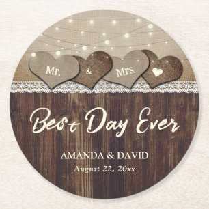 Rustic Country Wood Heart Burlap and Lace Wedding Round Paper Coaster