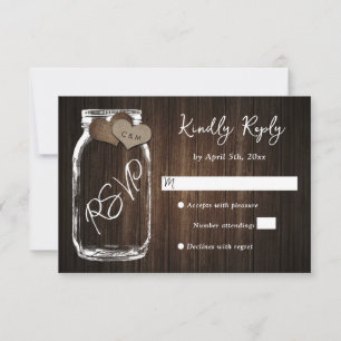 Rustic Country Wood Heart Mason Jar Wedding RSVP Card