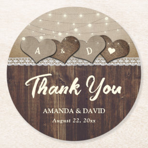 Rustic Country Wood Heart Monogram Wedding Round Paper Coaster