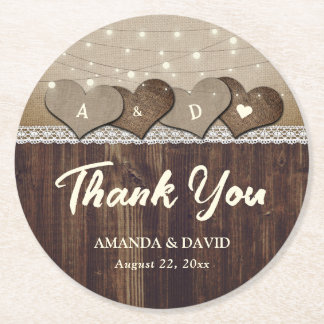 Rustic Country Wood Heart Monogram Wedding Round Paper Coaster