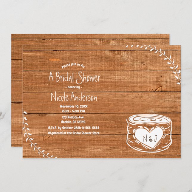 Rustic Country Wood Heart Stump Bridal Shower Invitation (Front/Back)