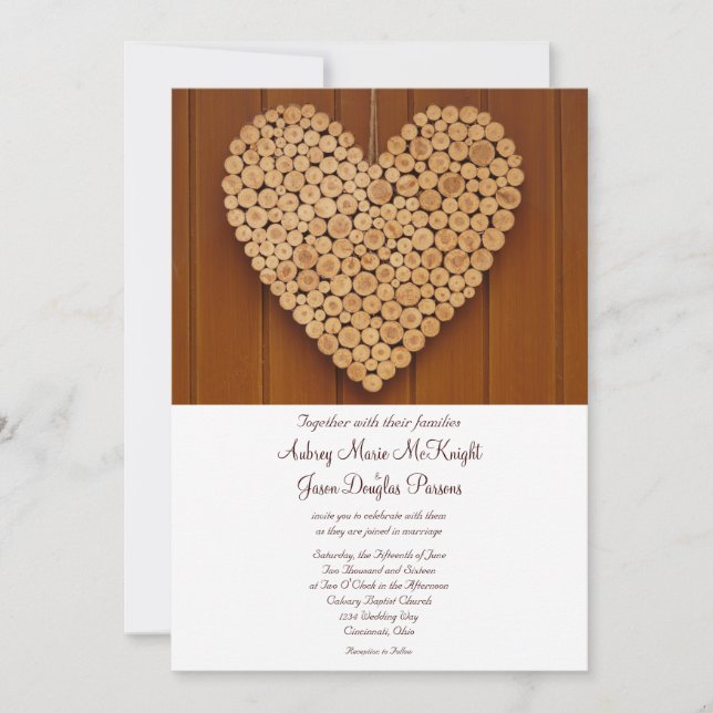 Rustic Country Wood Heart Wedding Invitations (Front)