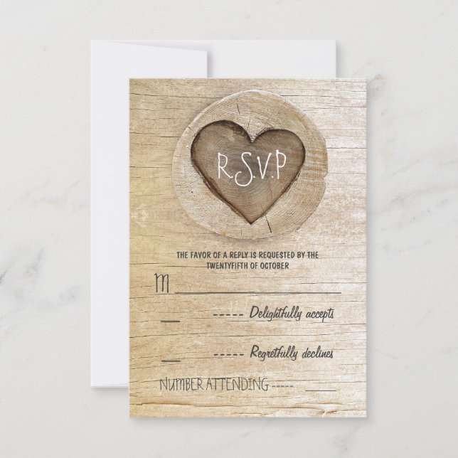 Rustic country wood heart wedding RSVP cards (Front)
