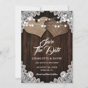Rustic Country Wood Hearts Floral Lace Wedding Save The Date