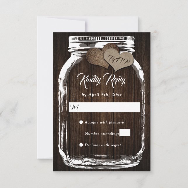 Rustic Country Wood Hearts Mason Jar Wedding RSVP (Front)