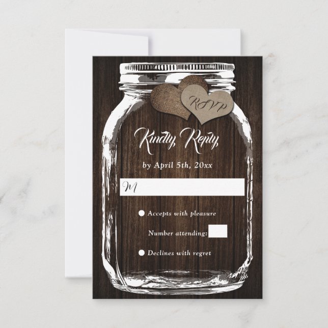 Rustic Country Wood Hearts Mason Jar Wedding RSVP Card (Front)