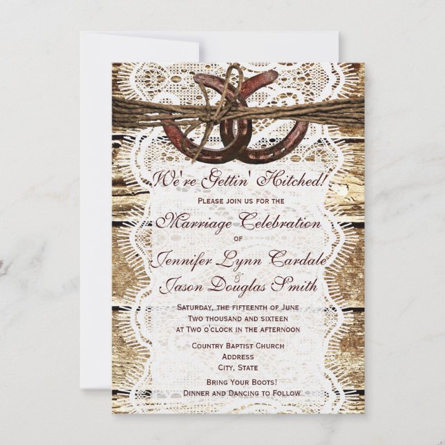 Rustic Country Wood Horseshoe Wedding Invitations (Front)
