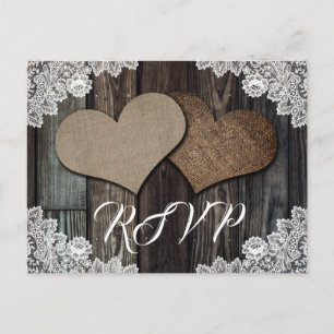 Rustic Country Wood Lace Burlap Heart Wedding RSVP Invitation Postcard