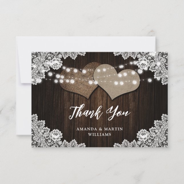 Rustic Country Wood Lace Burlap Heart Wedding Thank You Card (Front)