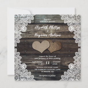 Rustic Country Wood Lace Burlap Hearts Wedding Invitation