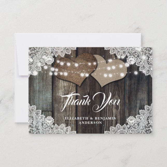Rustic Country Wood Lace Burlap Hearts Wedding Thank You Card (Front)